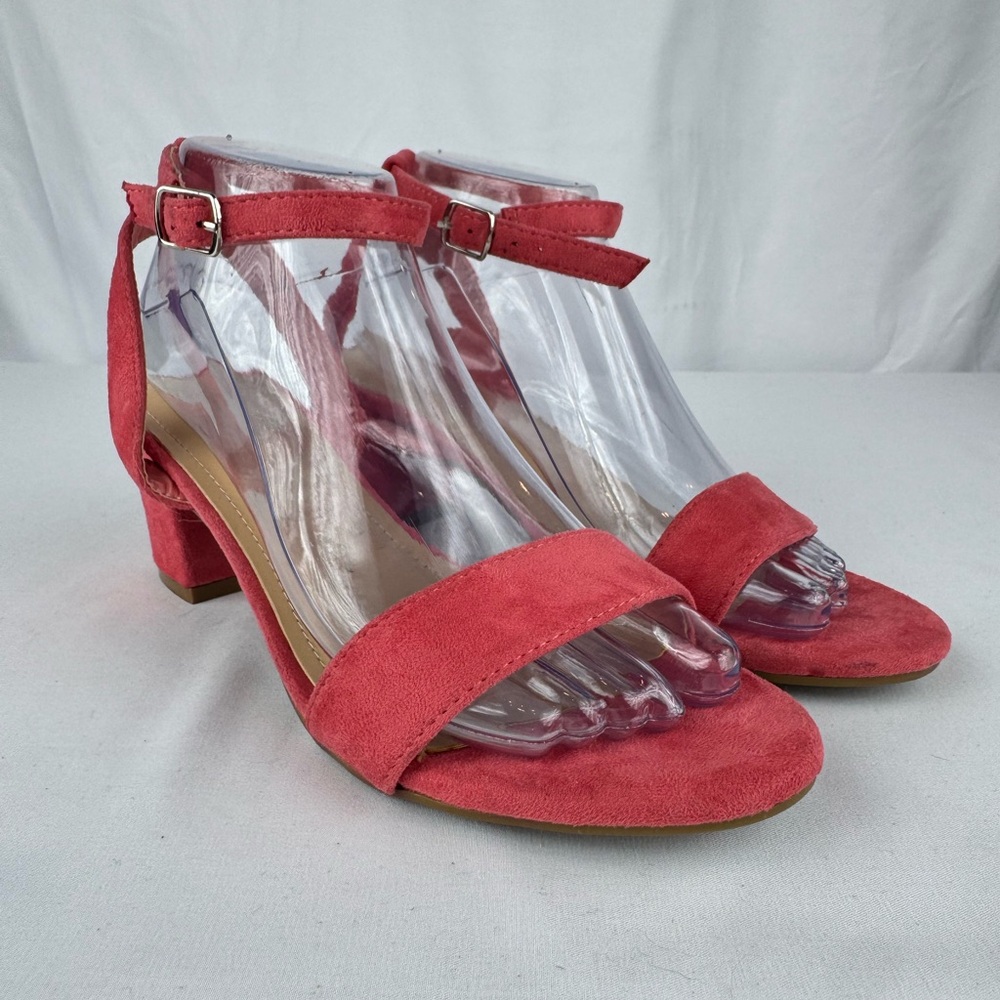 Love Mark Coral Suede Ankle Strap Heels